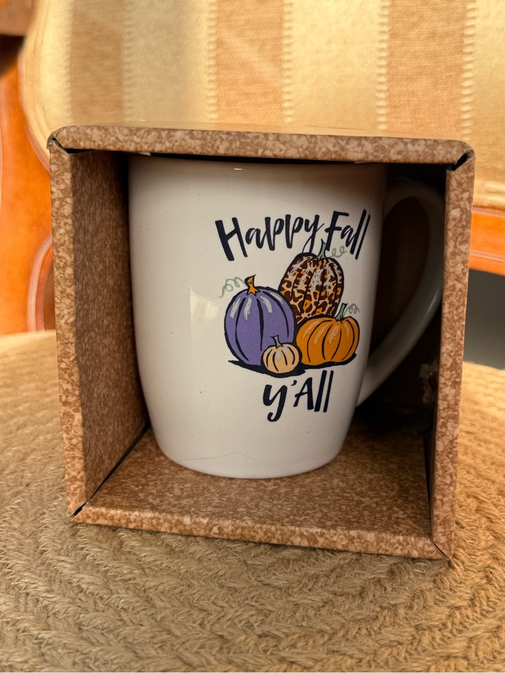 Happy Fall Y'all Ceramic Mug - White with Purple & Orange Pumpkins 12oz